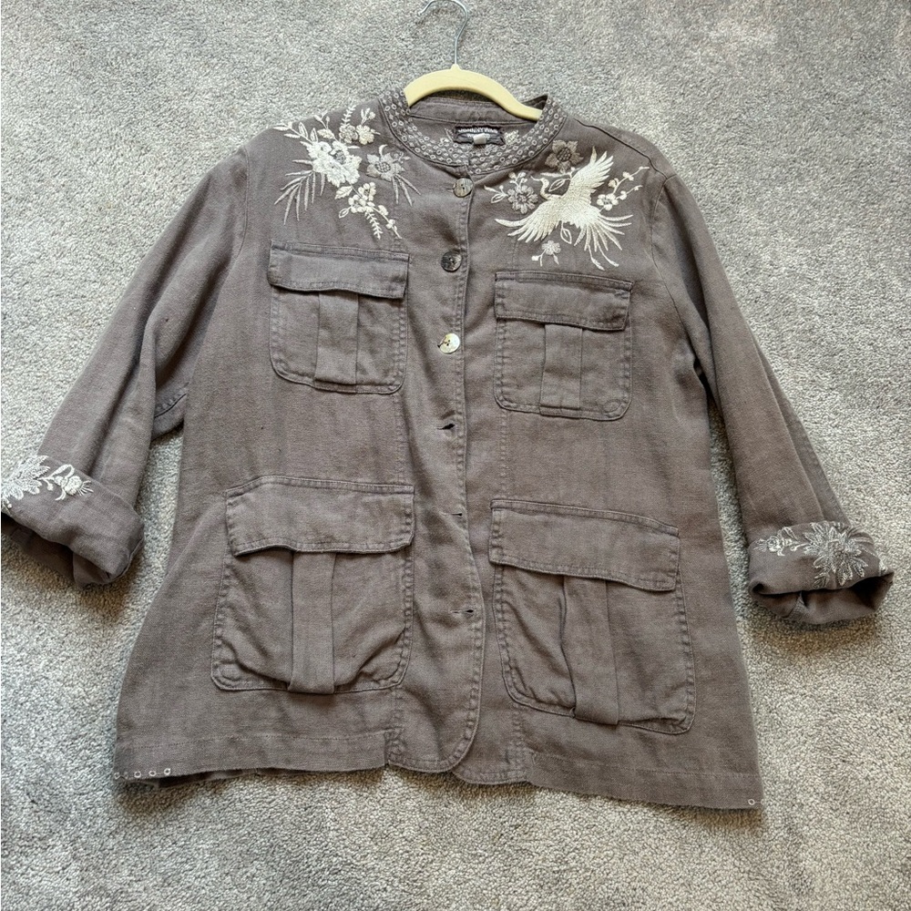 Johnny Was Gray Floral Embroidered Utility Jacket